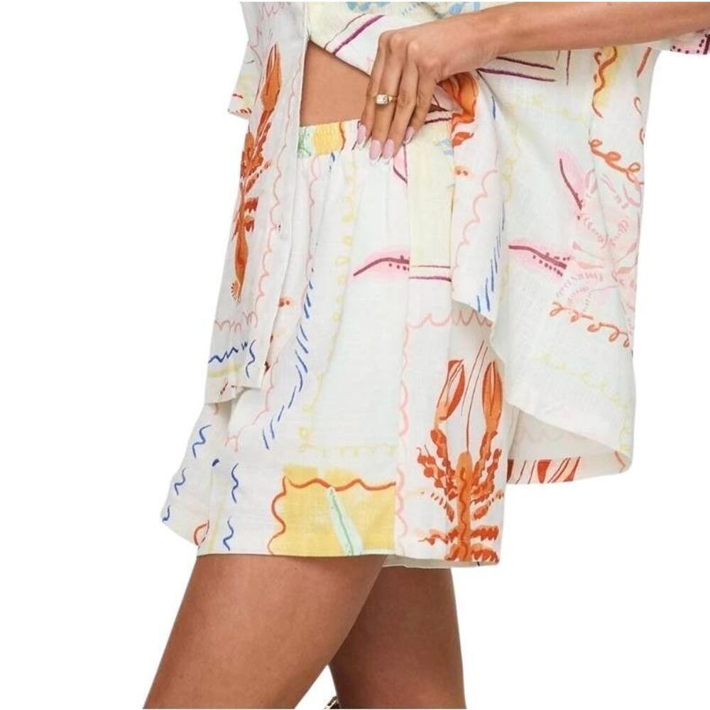 Princess Polly Women's Cream & Multicolor Under The Sea Print Viscose/Linen Elas